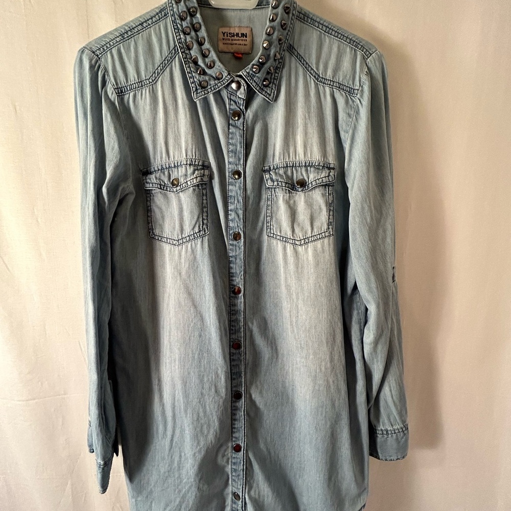 YiSHUN Women’s Snap Front Closure Chambray Long Sleeve Shirt